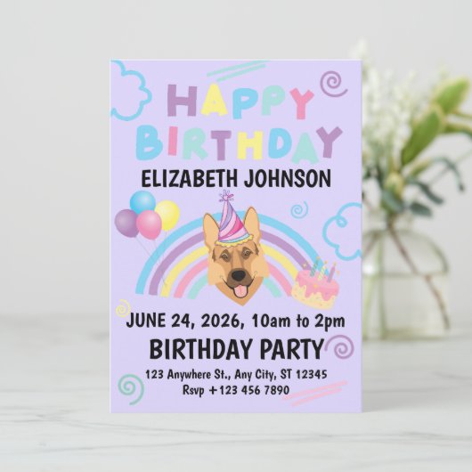 German Shepherd Birthday Invitation in Purple 招待状 (スタンド正面)
