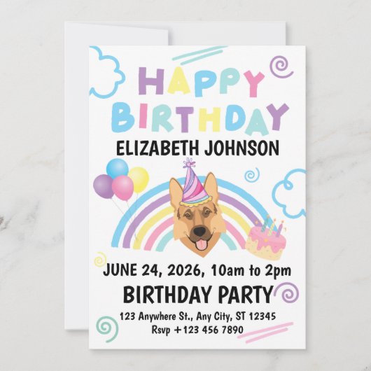 German Shepherd Birthday Invitation in White 招待状 (正面)