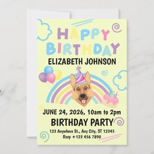 German Shepherd Birthday Invitation in Yellow 招待状 (正面)