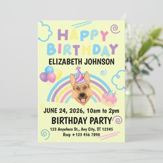 German Shepherd Birthday Invitation in Yellow 招待状 (スタンド正面)