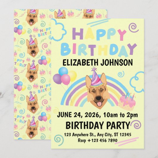 German Shepherd Birthday Invitation in Yellow 招待状 (正面/裏面)