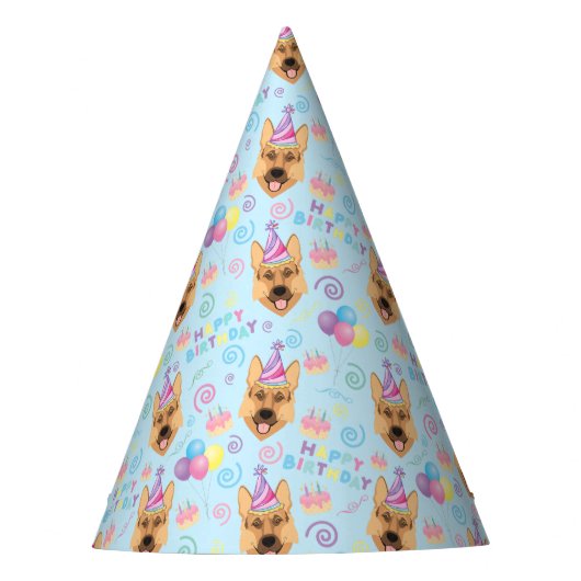 German Shepherd Birthday Party Hat Blue パーティーハット (正面)