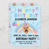 German Shepherd Birthday Party Invitation Blue 招待状 (正面/裏面)