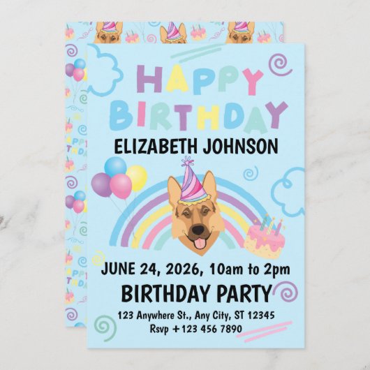 German Shepherd Birthday Party Invitation Blue 招待状 (正面/裏面)
