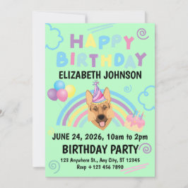 German Shepherd Birthday Party Invitation Green 招待状