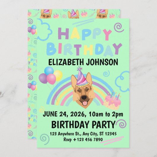 German Shepherd Birthday Party Invitation Green 招待状 (正面/裏面)