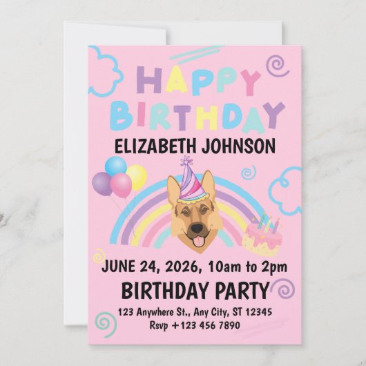 German Shepherd Birthday Party Invitation Pink 招待状 (正面)