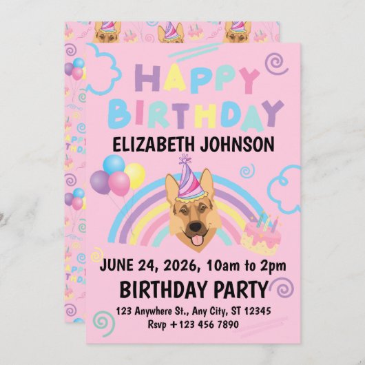 German Shepherd Birthday Party Invitation Pink 招待状 (正面/裏面)