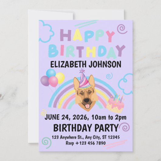 German Shepherd Birthday Party Invitation Purple 招待状 (正面)