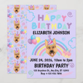 German Shepherd Birthday Party Invitation Purple 招待状 (正面/裏面)