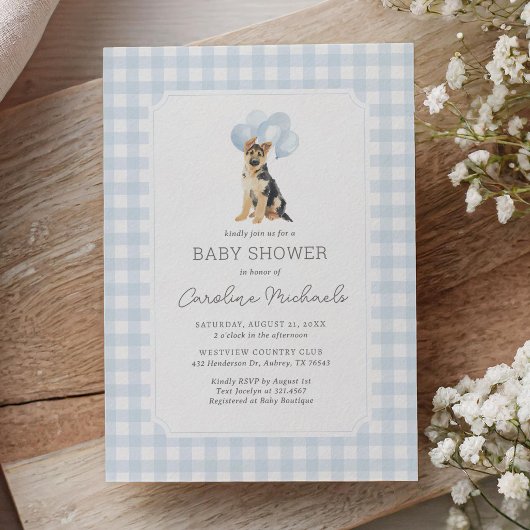 German Shepherd Blue Gingham Baby Shower 招待状