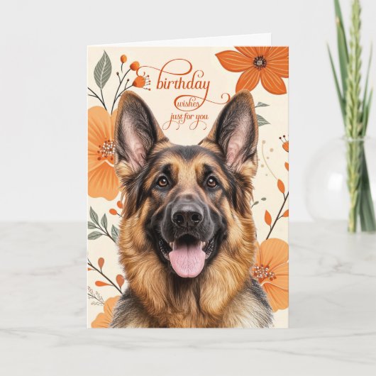 German Shepherd Bold Retro Orange Flowers Birthday カード (正面)