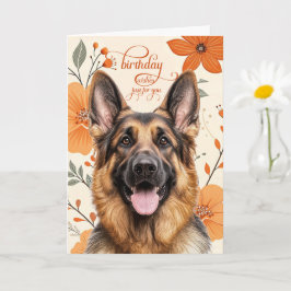 German Shepherd Bold Retro Orange Flowers Birthday カード