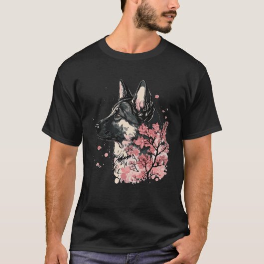 German Shepherd Cherry Blossom Dog Breed Japanese  Tシャツ (正面)