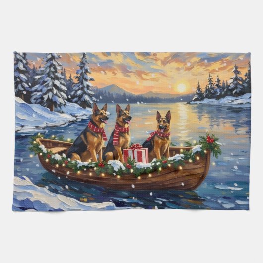 German Shepherd Christmas Boat Holiday キッチンタオル (横)