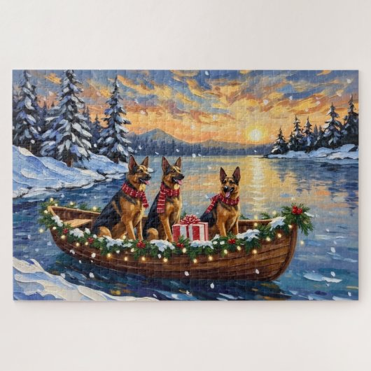 German Shepherd Christmas Boat Holiday ジグソーパズル (横)