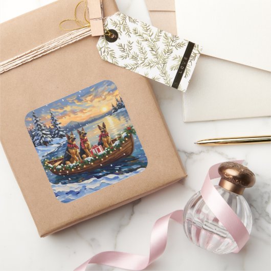 German Shepherd Christmas Boat Holiday スクエアシール (ギフト)