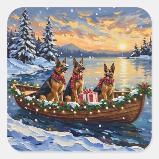 German Shepherd Christmas Boat Holiday スクエアシール (正面)