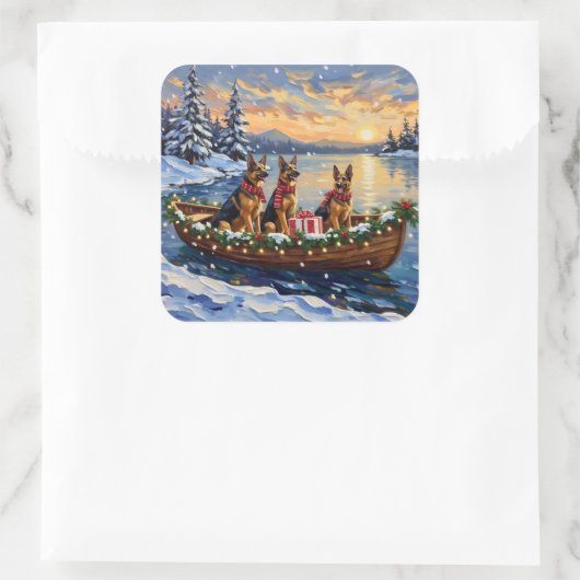 German Shepherd Christmas Boat Holiday スクエアシール (バッグ)