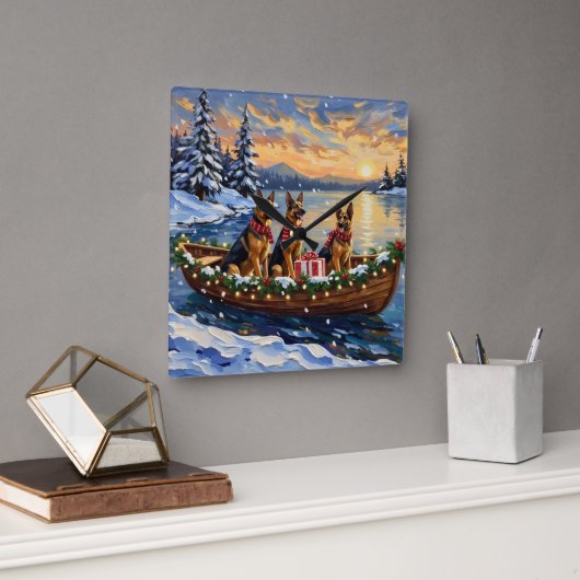 German Shepherd Christmas Boat Holiday スクエア壁時計 (オフィス)