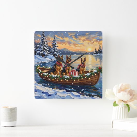 German Shepherd Christmas Boat Holiday スクエア壁時計 (ホーム)