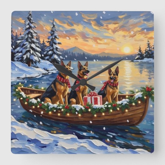 German Shepherd Christmas Boat Holiday スクエア壁時計 (正面)