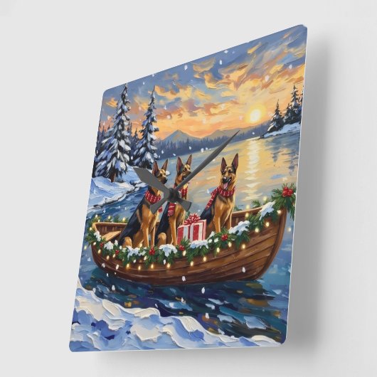 German Shepherd Christmas Boat Holiday スクエア壁時計 (傾斜)