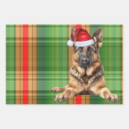 German Shepherd Christmas Dog Red Holiday Plaid ラッピングペーパーシート