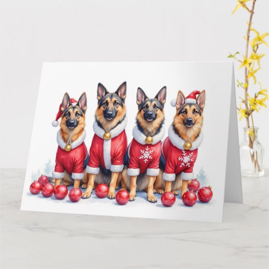 German Shepherd Christmas Dress Santa Hat カード (黄色い花)