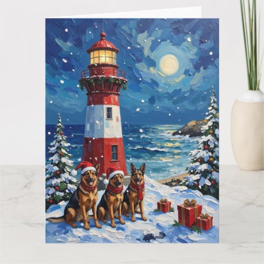 German Shepherd Christmas Lighthouse Holiday カード (正面)