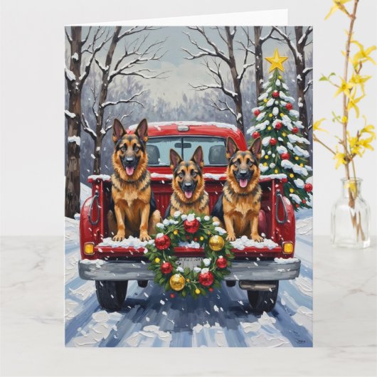 German Shepherd Christmas Red Truck Holiday カード (黄色い花)