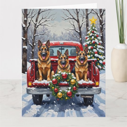 German Shepherd Christmas Red Truck Holiday カード (正面)