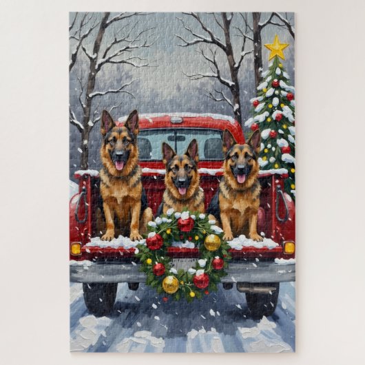 German Shepherd Christmas Red Truck Holiday ジグソーパズル (縦)