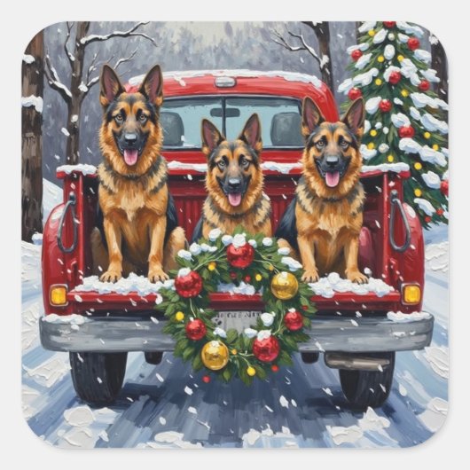 German Shepherd Christmas Red Truck Holiday スクエアシール (正面)