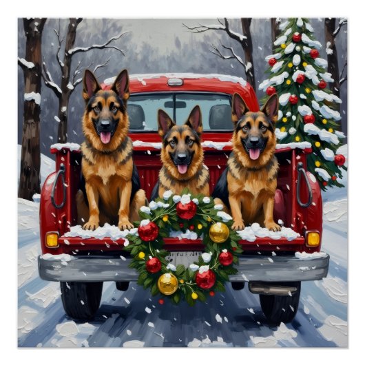 German Shepherd Christmas Red Truck Holiday ポスター (正面)