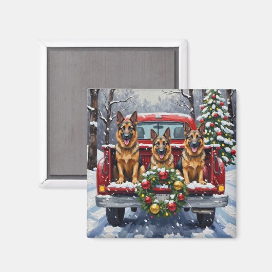 German Shepherd Christmas Red Truck Holiday マグネット (正面/裏面)