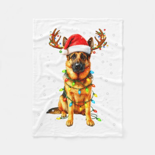German Shepherd Christmas Tree Lights Pajama Dog L フリースブランケット (正面)