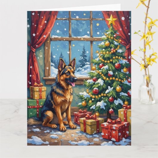 German Shepherd Christmas Under The Tree カード (黄色い花)