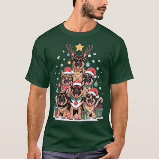 German Shepherd Dog Christmasree Lights Xmas Santa Tシャツ (正面)