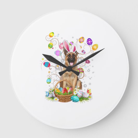 German Shepherd Dog Easter Egg Hunting Basket East ラージ壁時計 (正面)