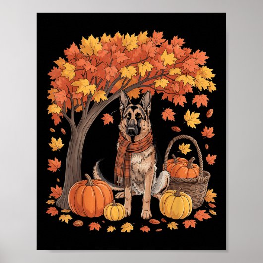 German Shepherd Dog Fall Scarf Pumpkin Autumn Than ポスター (正面)