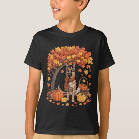 German Shepherd Dog Fall Scarf Pumpkin Autumn Than Tシャツ (正面)