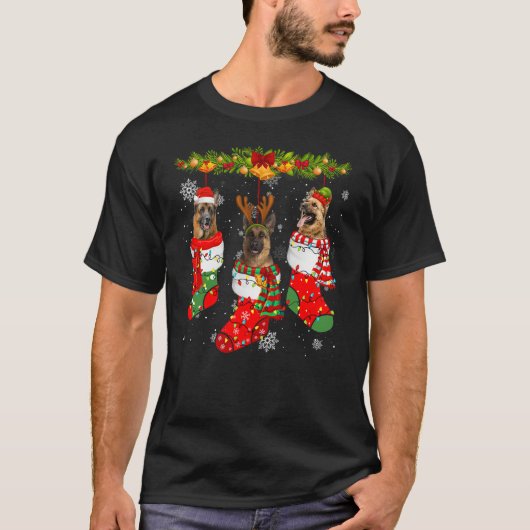 German Shepherd Dog In Socks Christmas Lights Swea Tシャツ (正面)