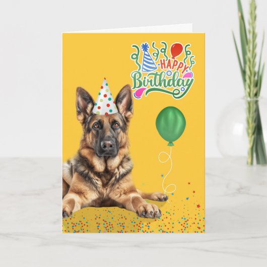 German Shepherd Dog Party Hat Yellow Birthday カード (正面)