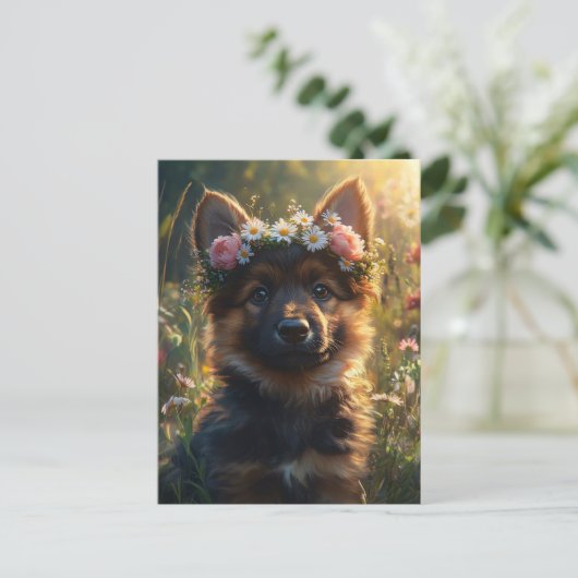 German Shepherd Dog Puppy in a Flower Crown ポストカード (スタンド正面)