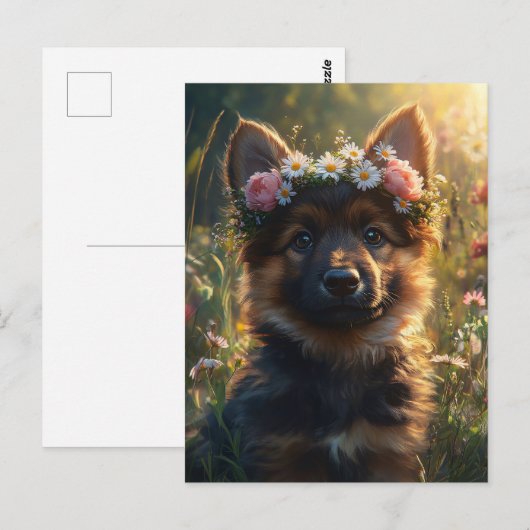 German Shepherd Dog Puppy in a Flower Crown ポストカード (正面/裏面)