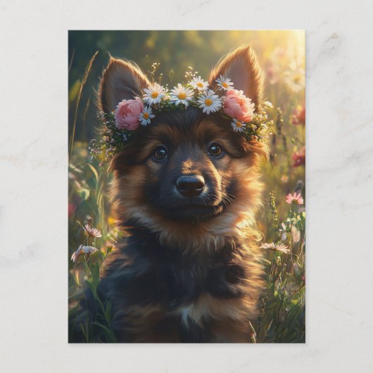 German Shepherd Dog Puppy in a Flower Crown ポストカード (正面)