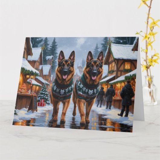 German Shepherd Dogs Christmas Snow Holiday カード (黄色い花)