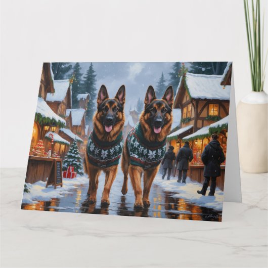 German Shepherd Dogs Christmas Snow Holiday カード (正面)