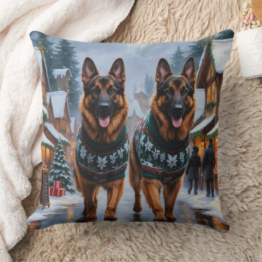 German Shepherd Dogs Christmas Snow Holiday クッション (ブランケット)